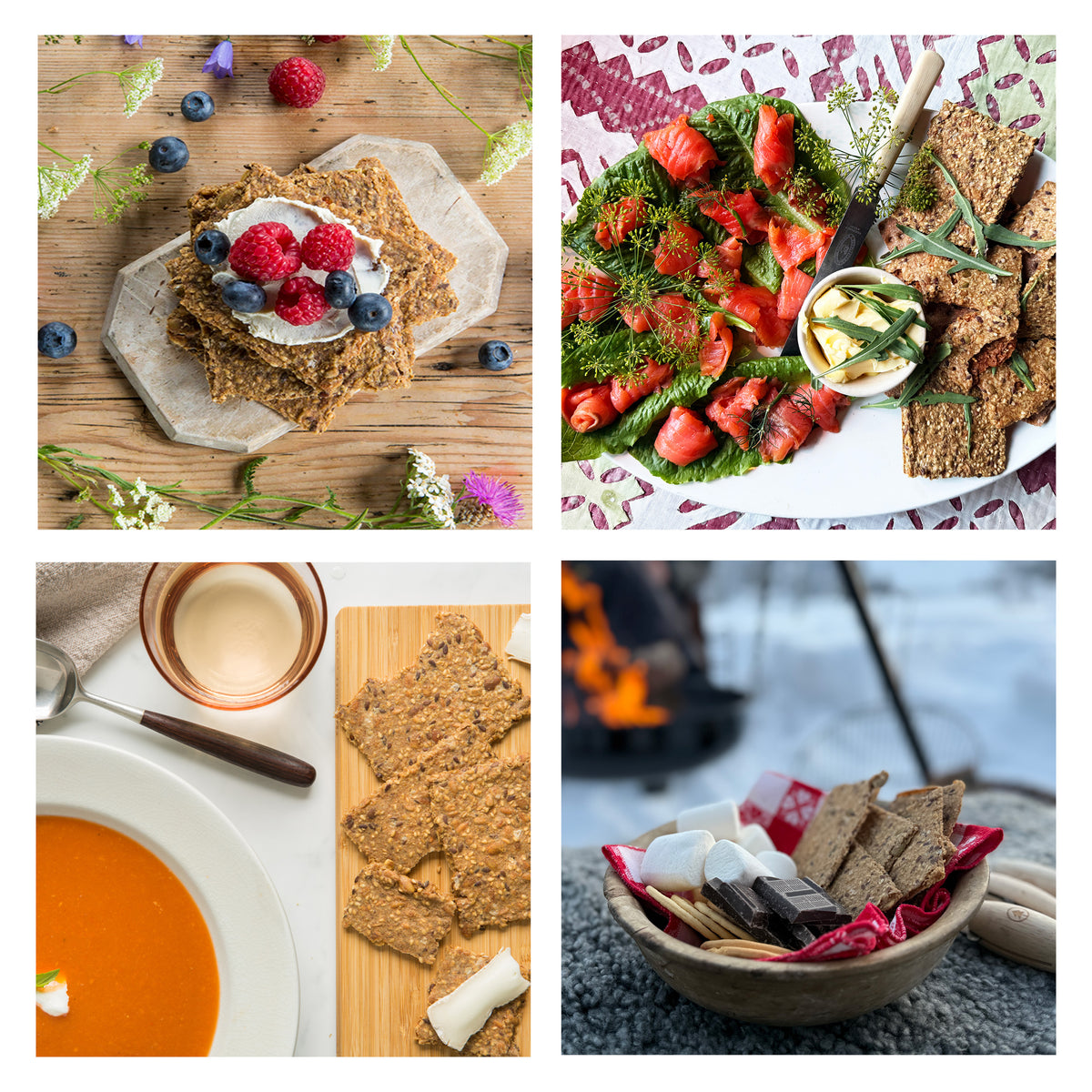 Collage of various ways to use cheese spread berries, soup, and a bowl with crispbread and chocolate.