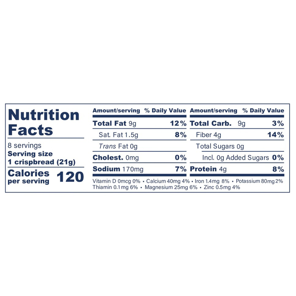 Nutrition facts label for a Chili Coriander Knekkebrød 