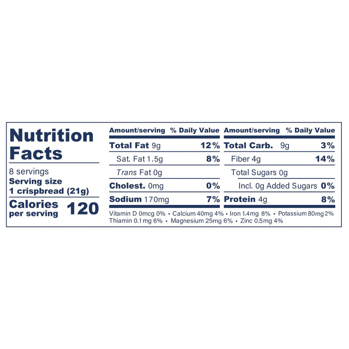 Nutrition facts label for a Chili Coriander Knekkebrød 