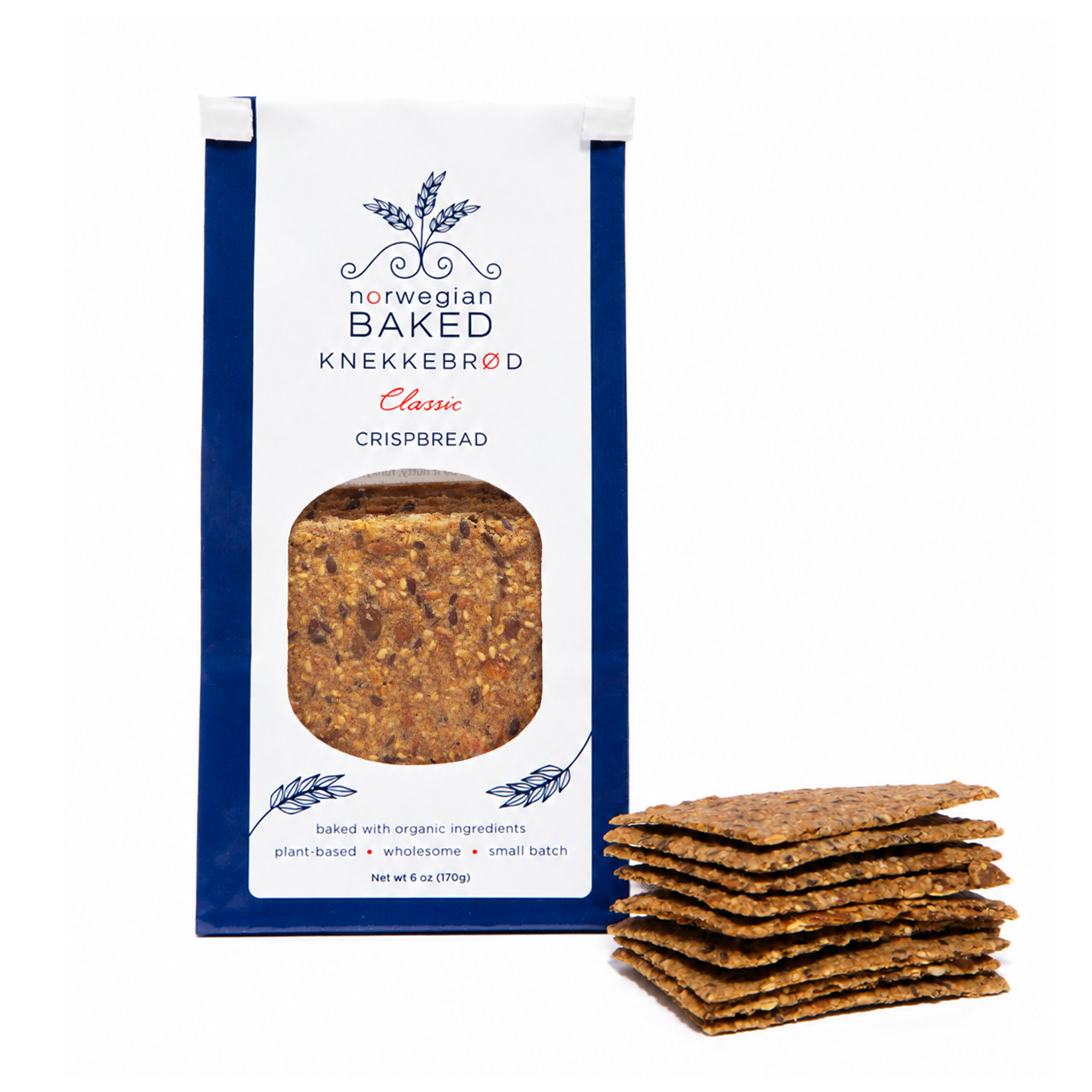 A package of Classic Flavor of Norwegian Baked Knekkebærd Crispbread with a stack of crispbread on a white background