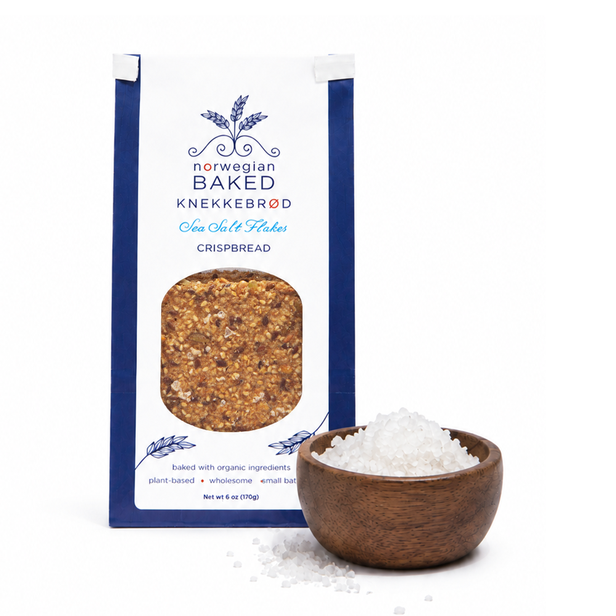 Norwegian Baked Knekkebærd packaging of SOFI Award-winning Sea Salt Flakes Knekkebrød with Maldon sea salt crystals